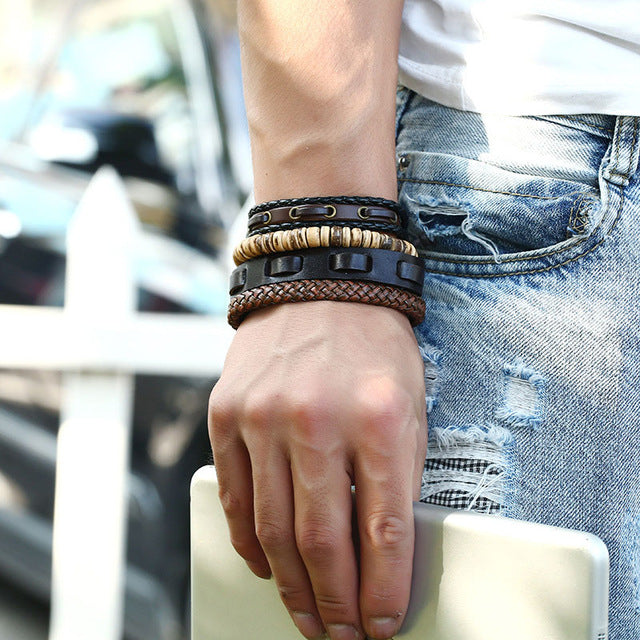 Men's Vintage Leather Handmade Feather Bracelets