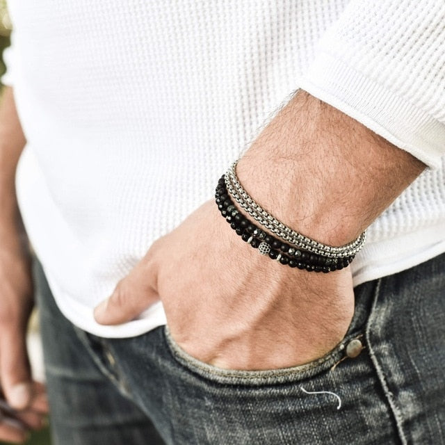 Men's Classic Natural-Stone 3 Piece Beaded Bracelet