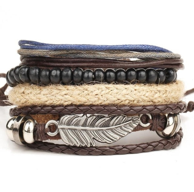 Men's Vintage Leather Handmade Feather Bracelets